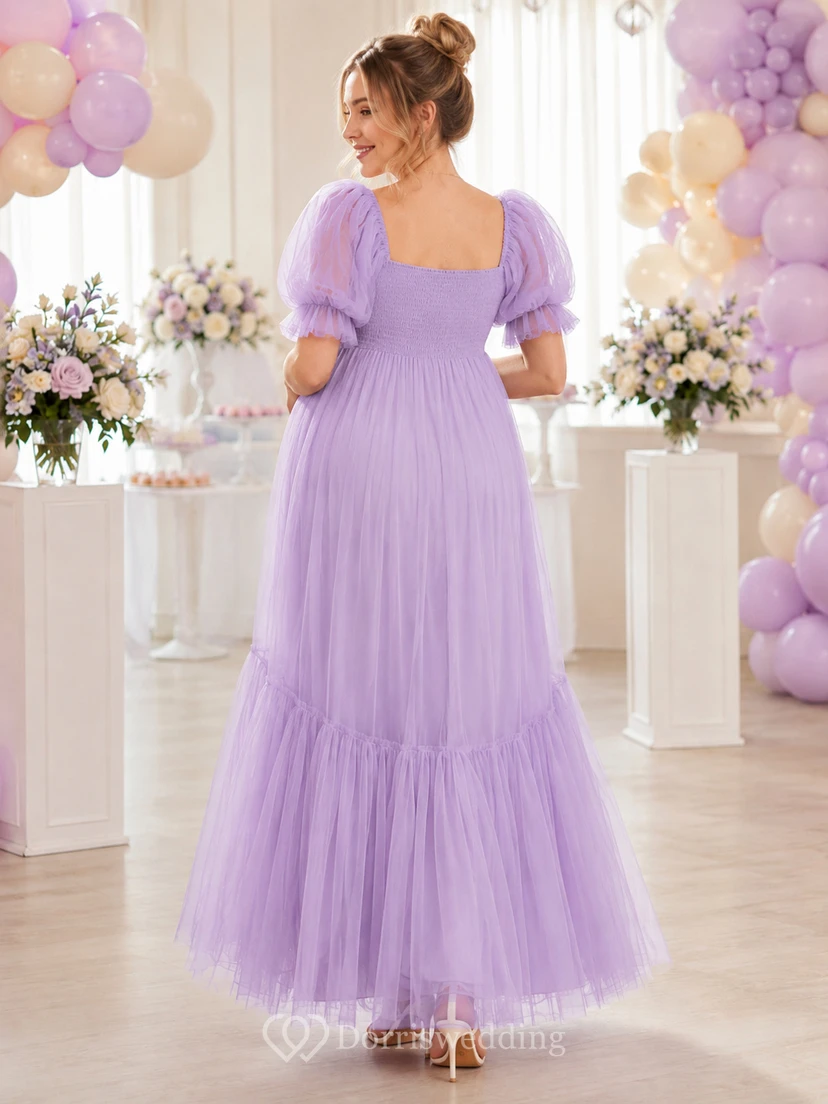 Lavender Maternity Square Neck Puff Sleeve Tiered Tulle Tea Length Baby Shower Dress view 2