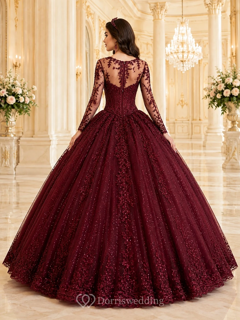 Burgunderfarbenes, langärmeliges Tüll-Ballkleid mit V-Ausschnitt und Spitze, perfekt für Quinceañeras view 2