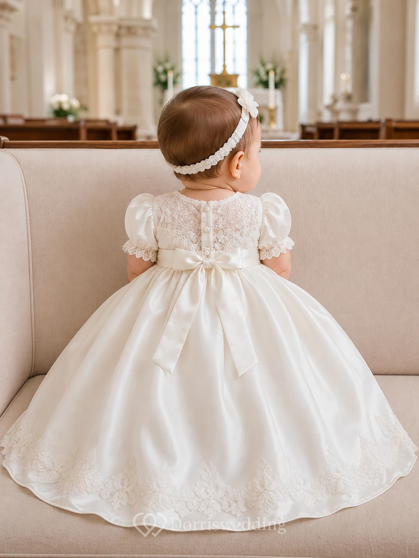 Elegantes kirchliches Taufkleid in A-Linie mit Puffärmeln aus Satin, bezauberndes romantisches Spitzenkleid mit kurzen Ärmeln view 2