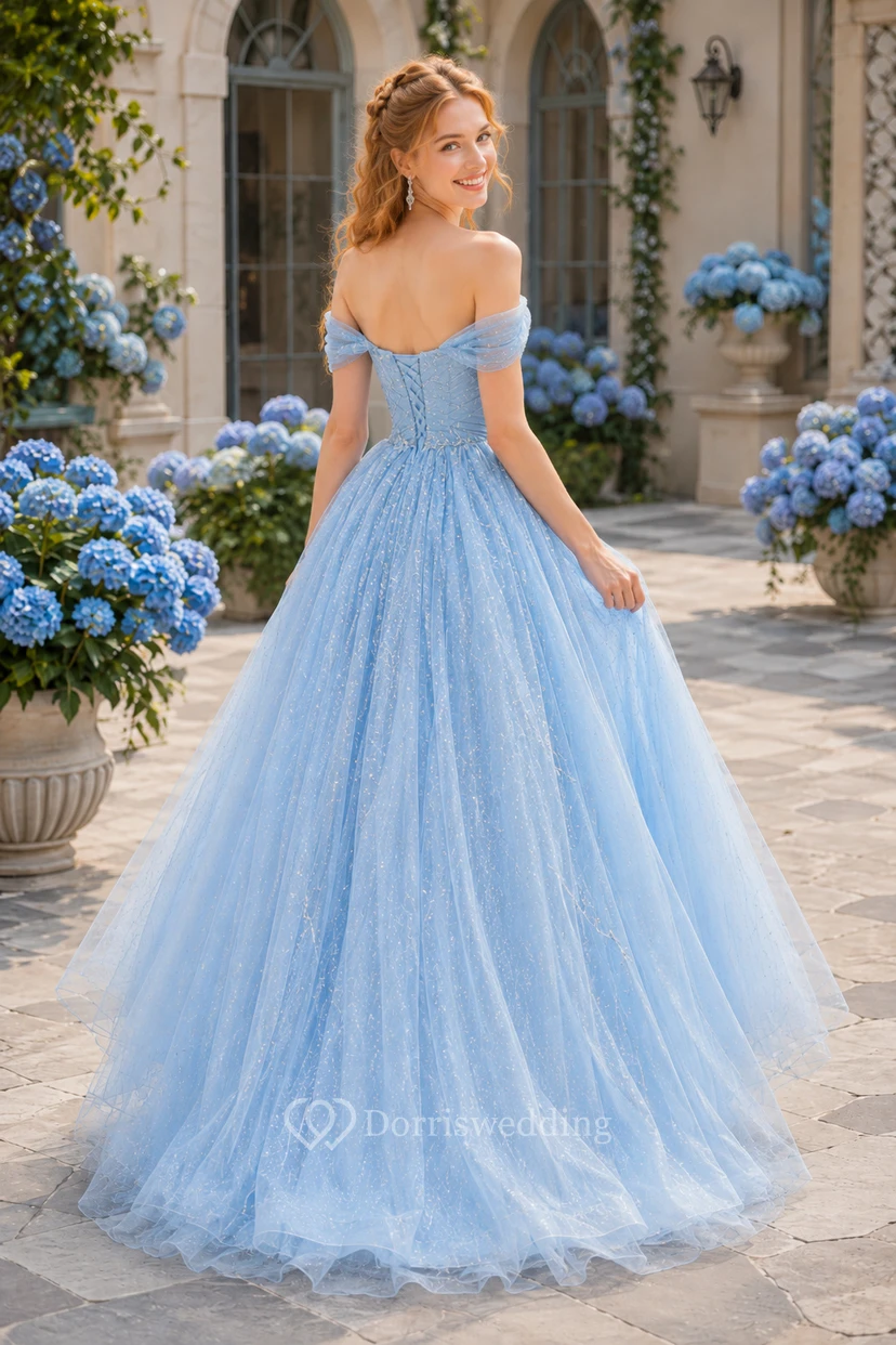 Sky Blue Off Shoulder Glitter Tulle Ball Gown with Layered Skirt for Prom Quinceanera and Formal Celebrations view 2