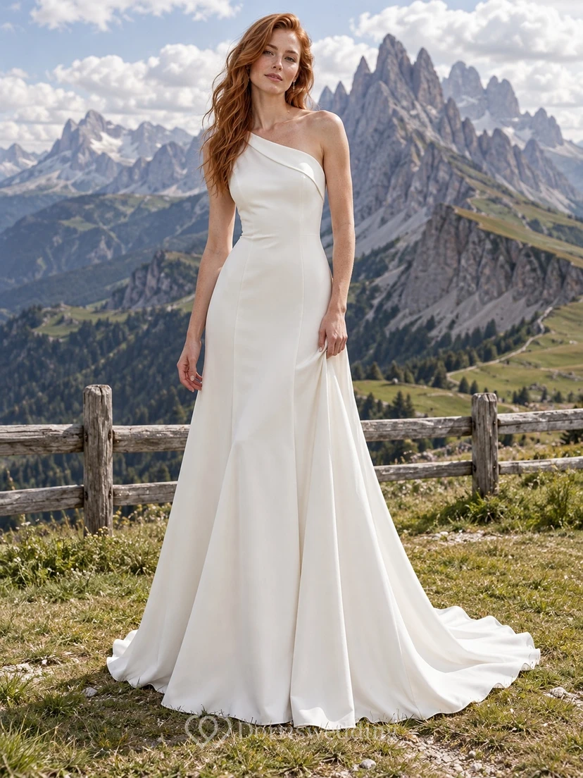 Sencillo vestido de novia de crepé de un solo hombro, corte en A, corpiño ajustado, largo hasta el suelo y cola corta.