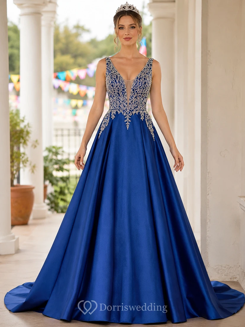 Elegantes königsblaues Satin-Festkleid in A-Linie, bodenlang, V-Ausschnitt