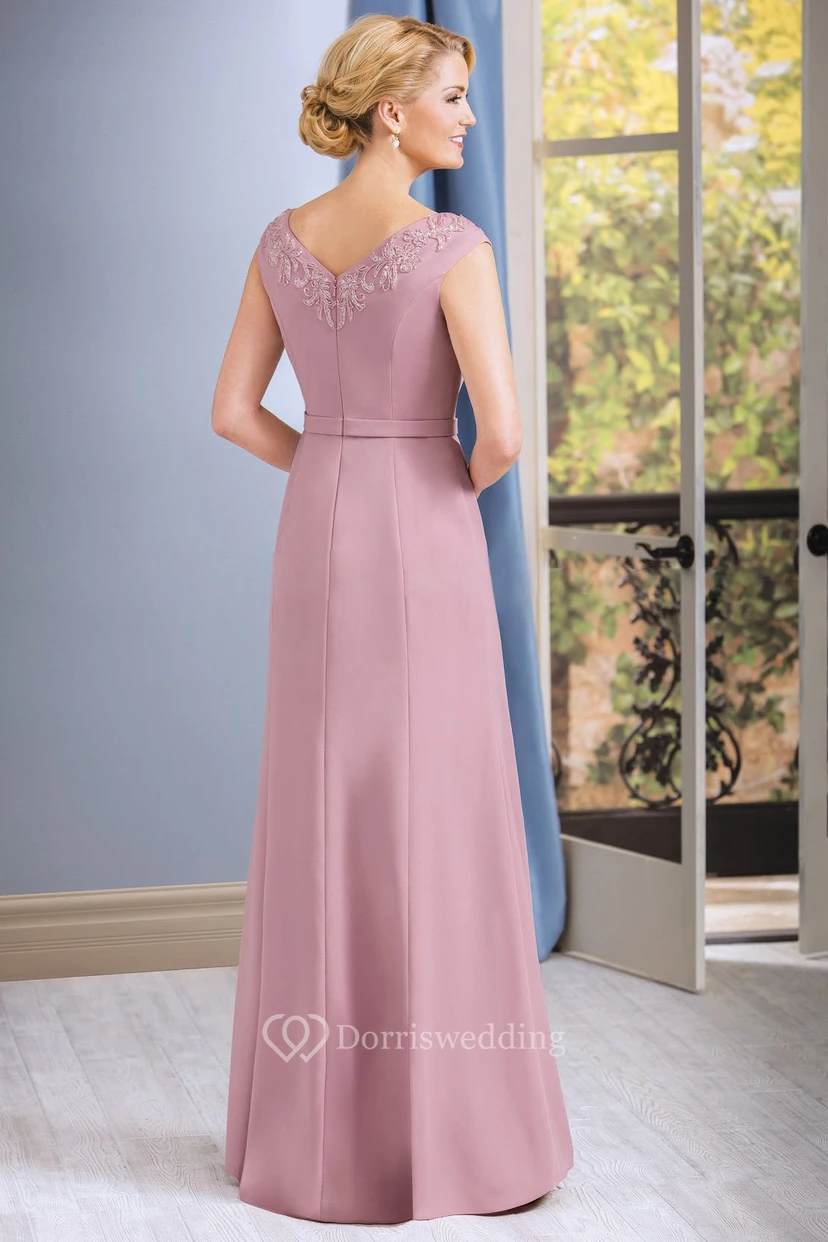 V-Neck Cap-Sleeved Long Mother Of The Bride Dress With Appliques And Jewels view 2
