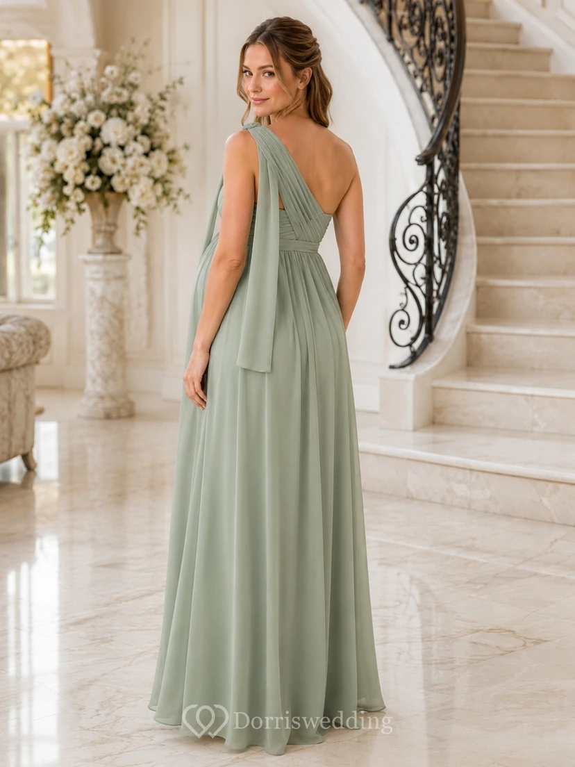 Sage Green One-Shoulder Sleeveless Maternity Sheath Ruched Maxi Dress view 2