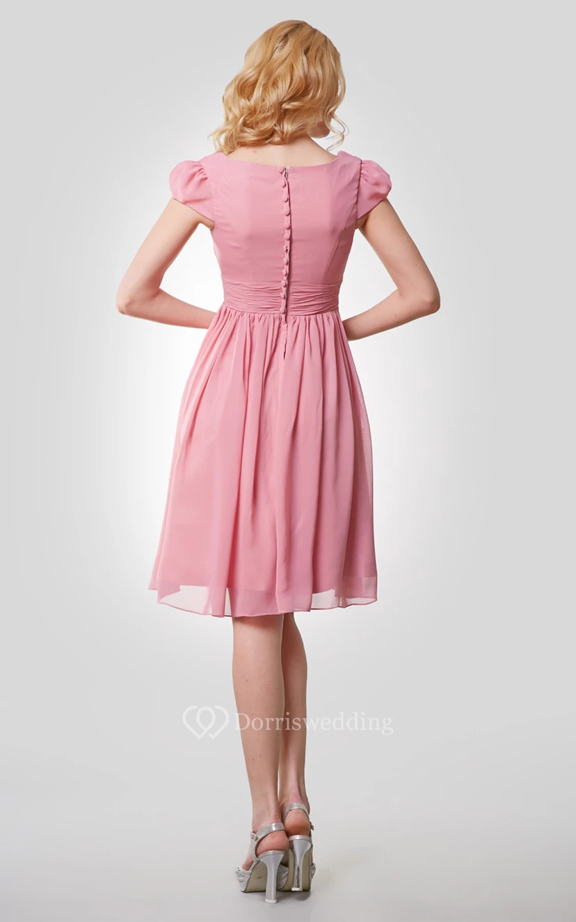 Knee Length A-Line Chiffon Dress With Cap Sleeves and Pleats view 3