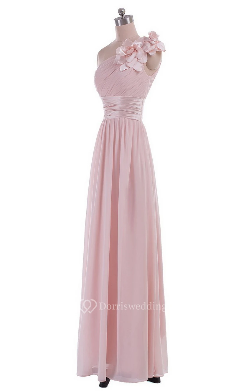 Einseitig schulterfreies Empire-Chiffonkleid mit Blume view 5