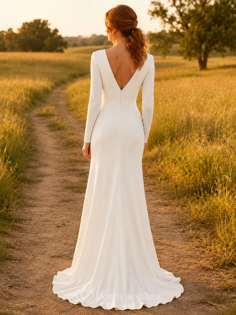 Crepe Sheath V-Neck Long Sleeve Low Back Wedding Dress Simple view 2
