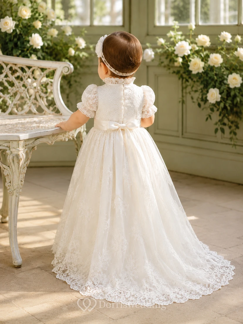 High Neck Baptism Gown A-Line Lace Tulle Short Sleeve Sweep Train view 2