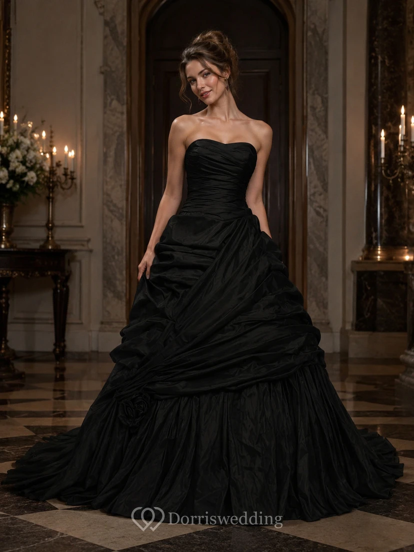 A-Line Maxi Sweetheart Pleats Zipper Lace-Up Back Lace Taffeta Dress