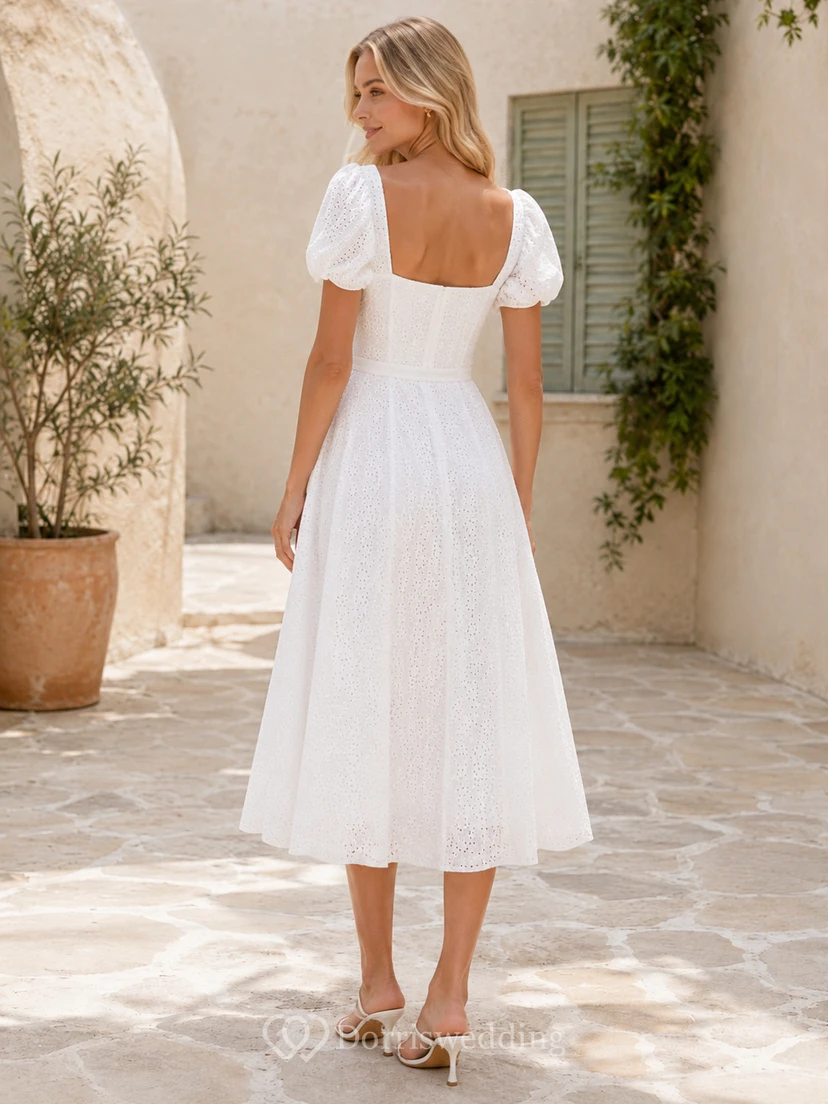 Courtyard Charm White A-Line Tea-Length Square Short-Sleeve Satin Vintage Cocktail Dress view 2