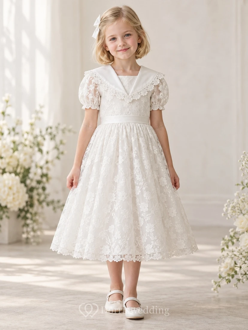 Tea-length White Floral Sailor V-neck Puff Sleeve A-Line Gathered Lace Satin Sash Zipper Flowergirl Dress