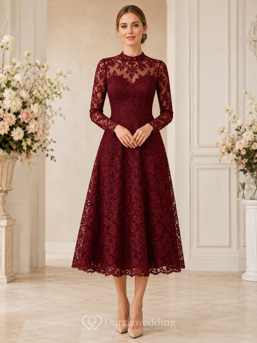 Claret High Neck Long Illusion Lace Sleeve A-Line Midi Guest Dress