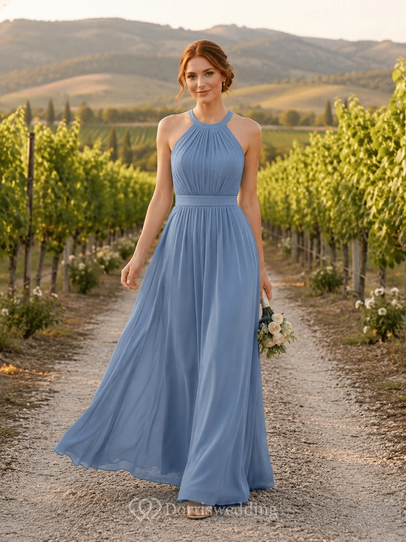 Steel Blue Chiffon A-Line Halter High Neck Sleeveless Pleated Open Back Floor-Length Bridesmaid Dress