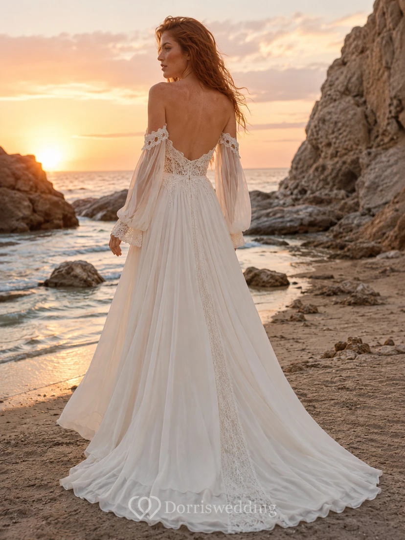 Boho Off Shoulder Bell Sleeve A-Line Wedding Dress For Beach view 2