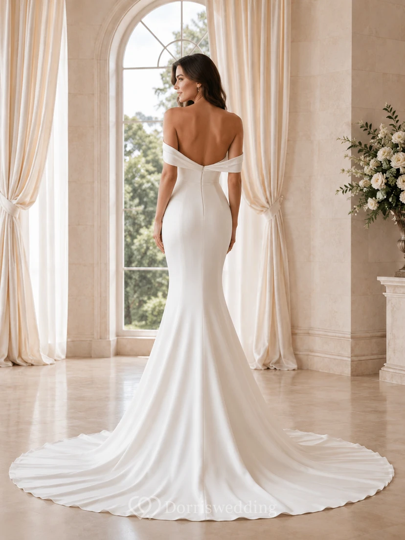 Modern Satin Off shoulder Short Mermaid Sweep Pleats Classic Reception Wedding Dress view 2