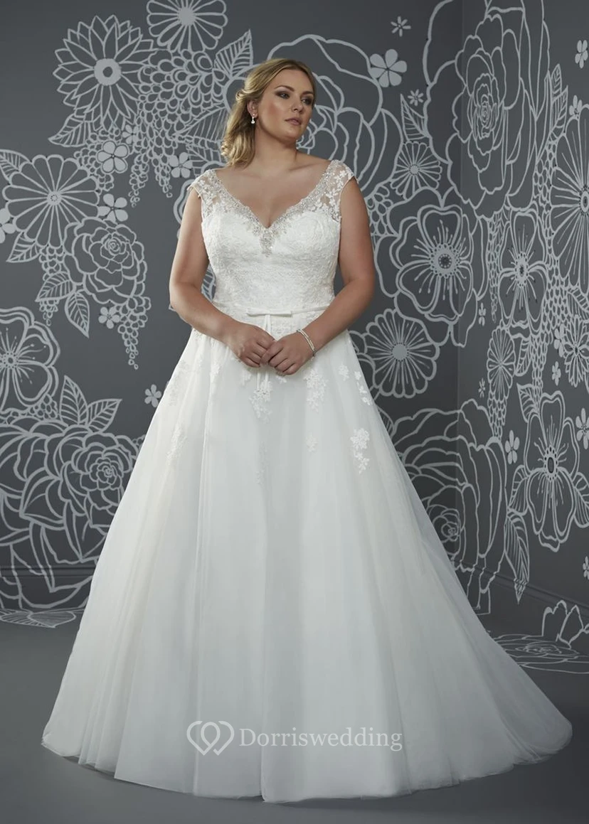 A-Line Floor-Length V-Neck Cap Tulle Court Train Low-V Back Beading Dress