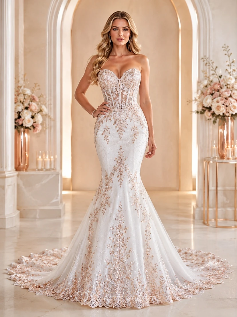 Roségoldenes Meerjungfrauen-/Trompeten-Brautkleid mit Herzausschnitt, ärmellos, bodenlang, mit Schleppe – ein luxuriöses Kleid