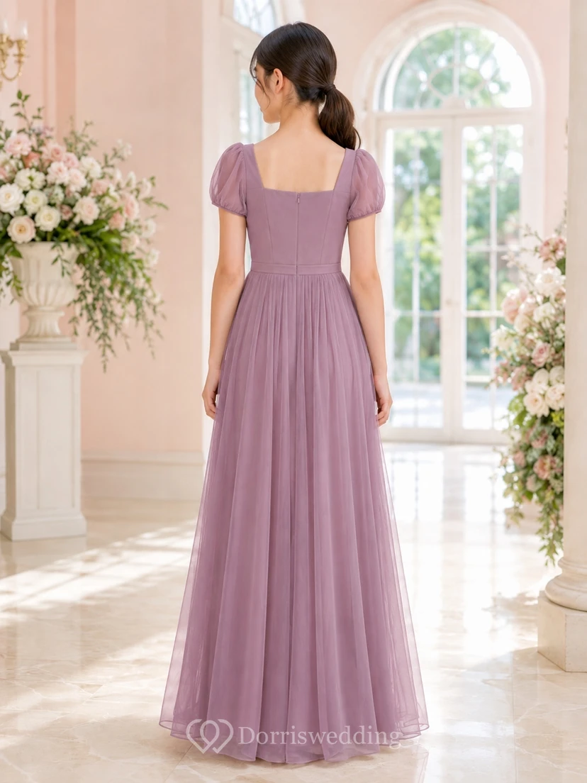 Vintage-Brautjungfernkleid in Mauve, A-Linie, eckig, kurze Ärmel, Puffärmel/Ballonfalten, romantisch view 2