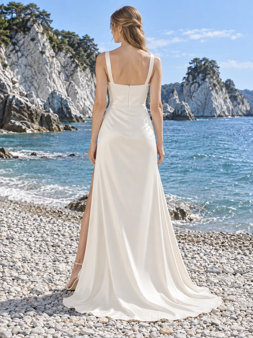 Einfaches, ärmelloses Etuikleid aus Satin mit quadratischem Ausschnitt und Schlitz – Hochzeitskleid view 2