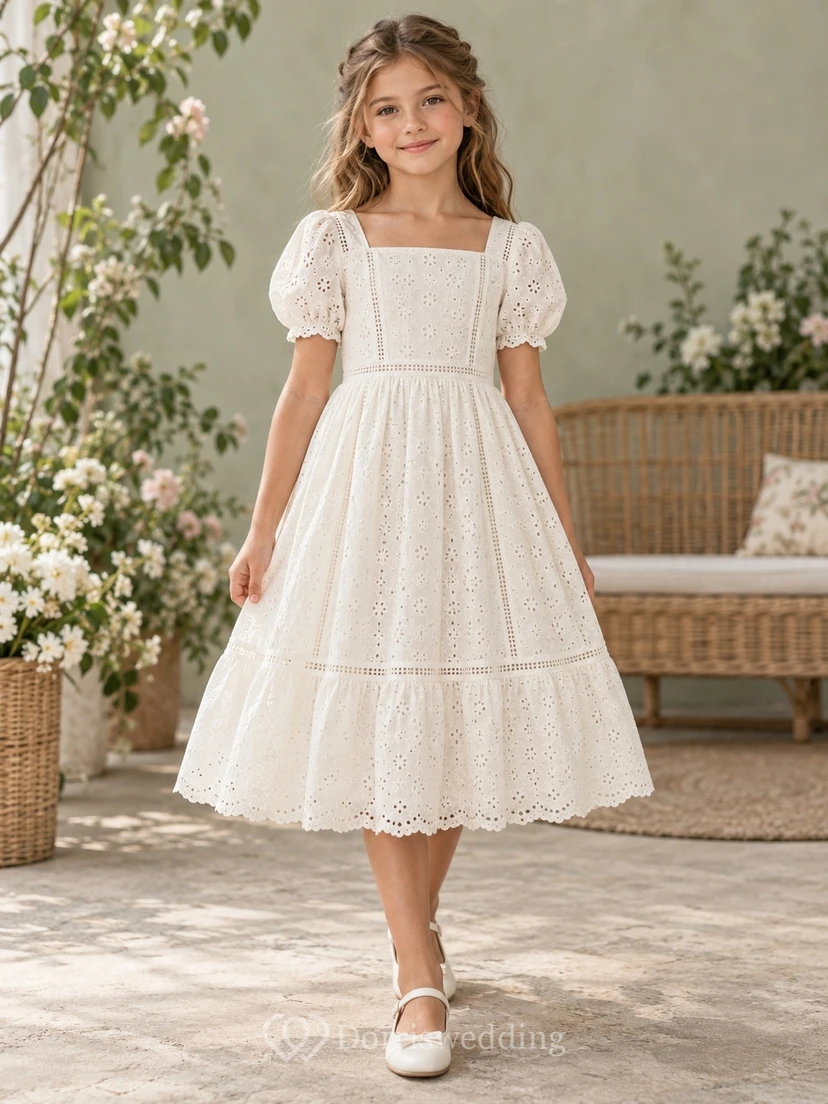 Square Neck Vintage Tea-length Ivory Puff Sleeve Eyelet Cotton Flower Girl Dress