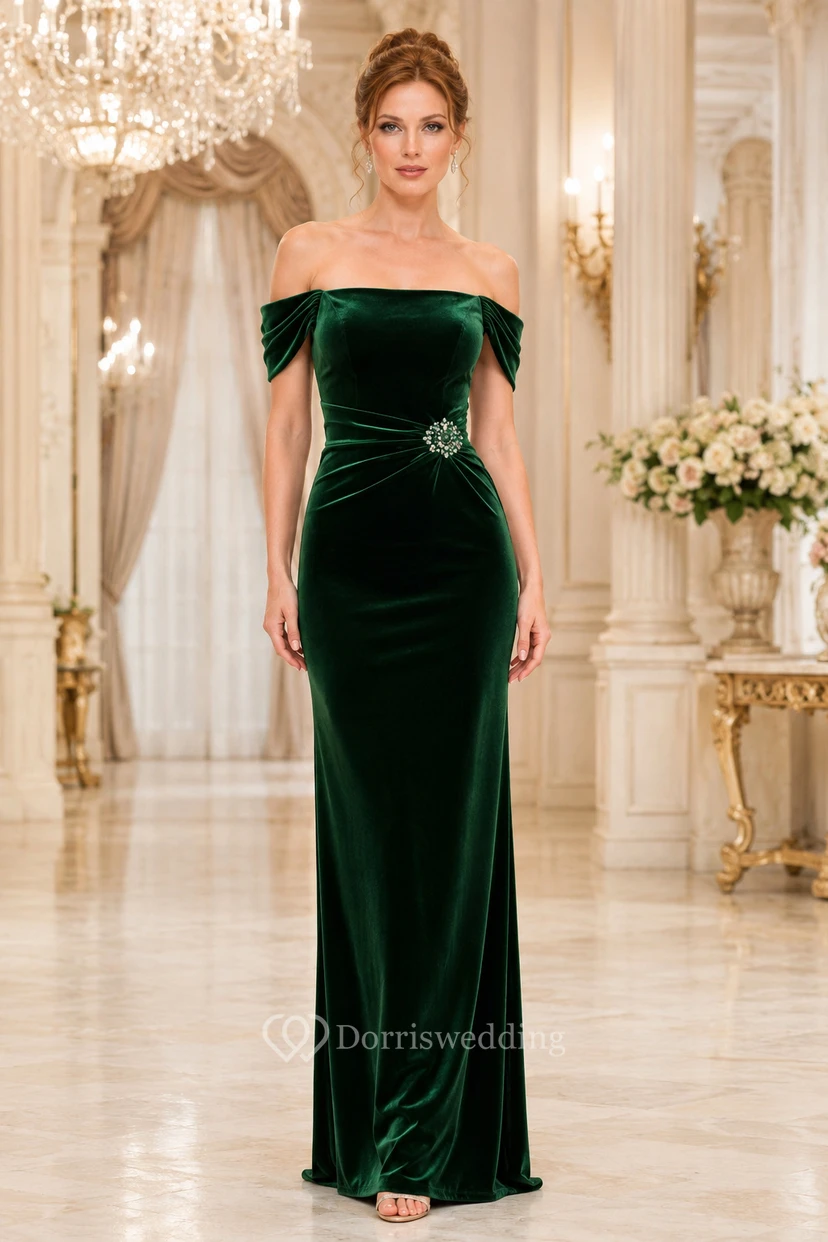 Emerald Velvet Off-the-Shoulder Sheath Evening Dress