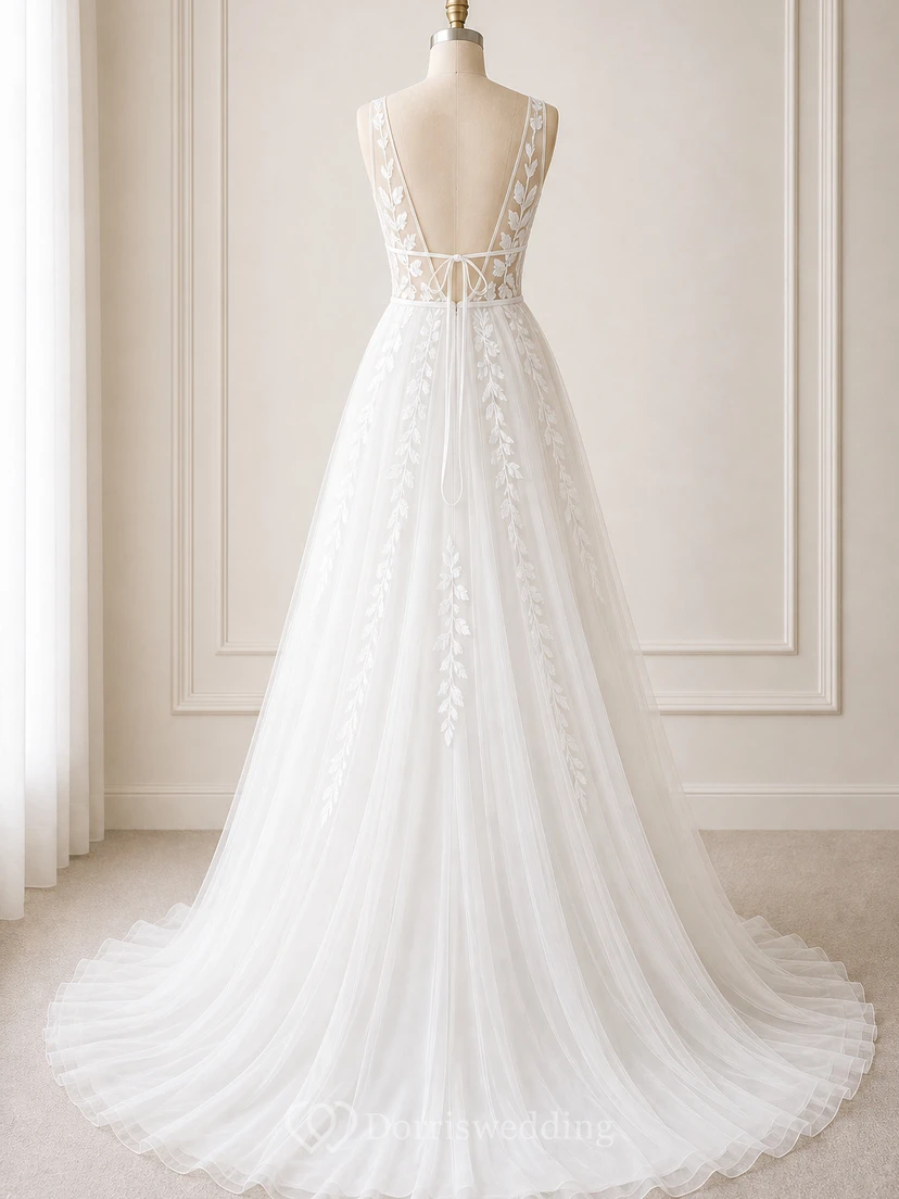 Sexy Boho-Brautkleid im Landhausstil mit V-Ausschnitt, ärmellos, A-Linie, Empire-Schnitt und Illusion-Schnitt aus Tüll – weiß view 8