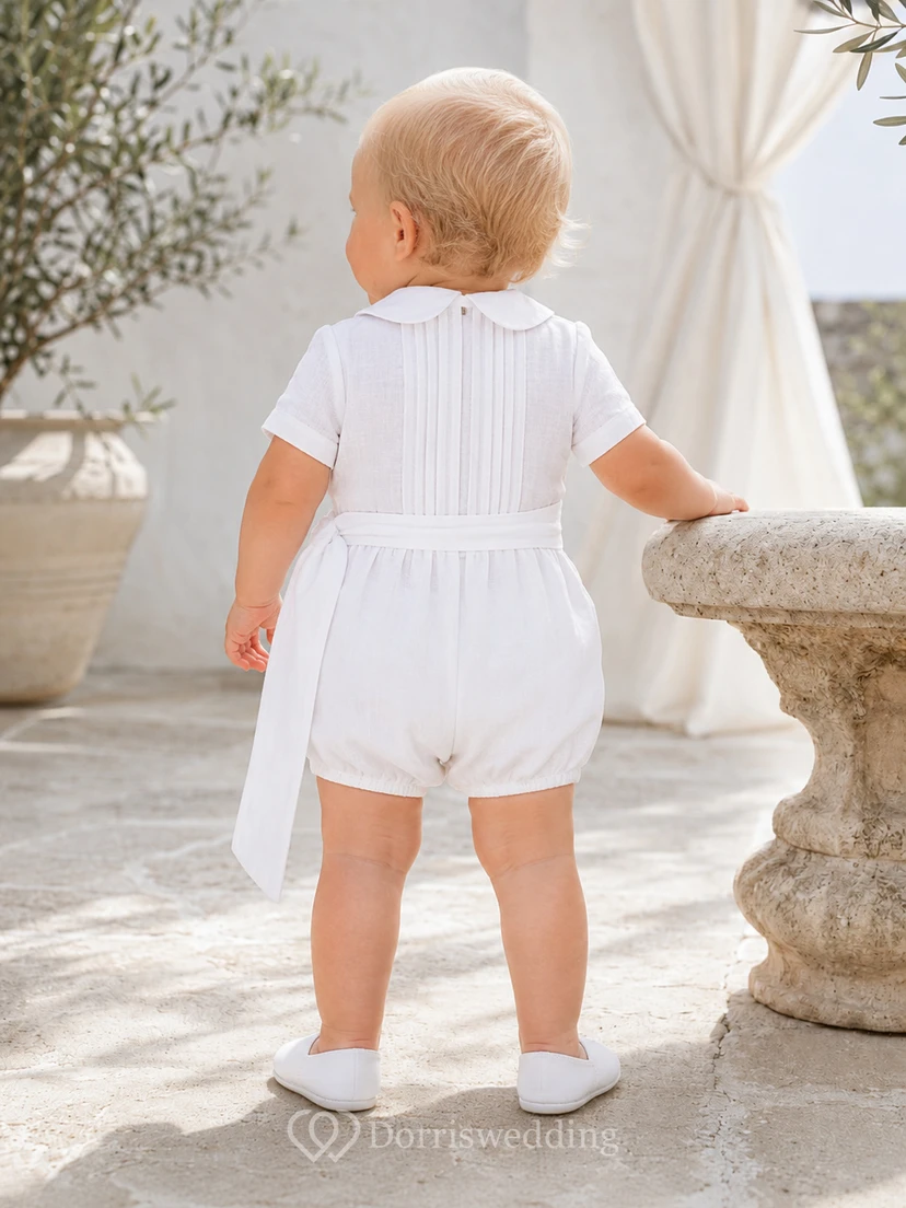 Summer White Short Sleeve Pintuck Linen Baby Boy Christening Romper view 2