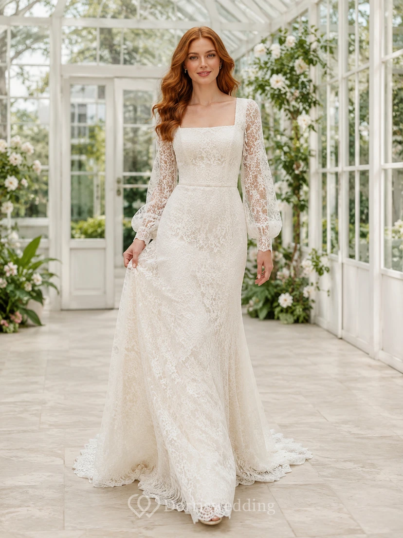 Modest Square Neck Lace Wedding Sheath Long Sleeve Chapel Train