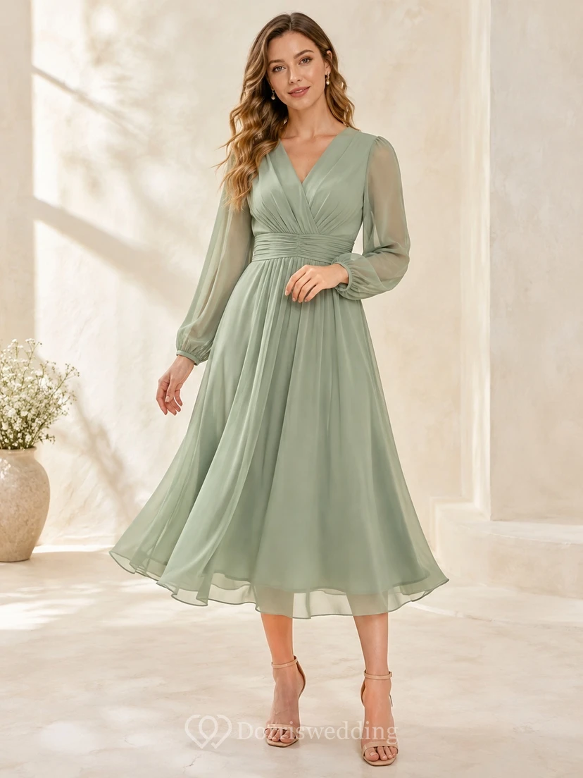 Sage Chiffon V-neck Long Sleeve A-Line Tea-length Romantic Elegant Country Garden Bridesmaid Dress