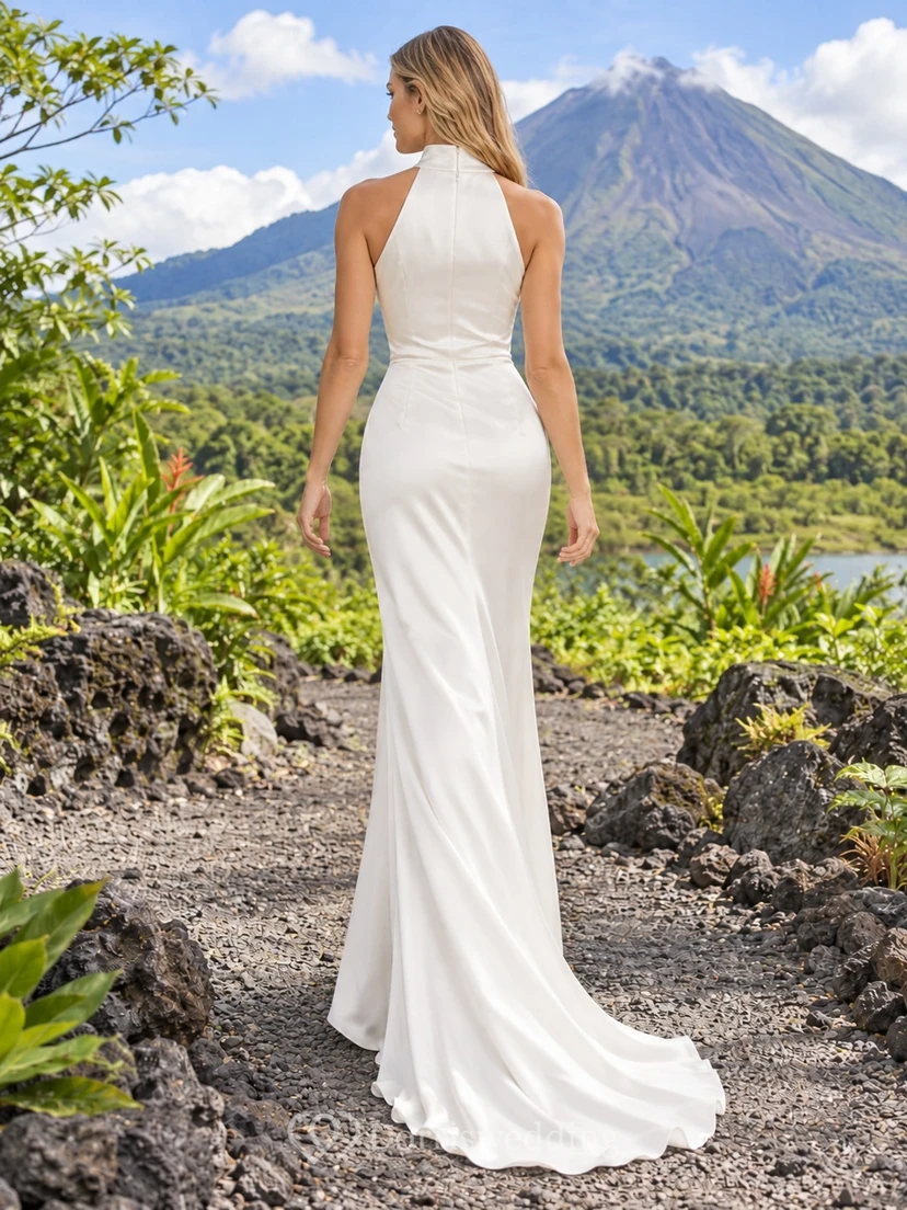 Schlichtes, ärmelloses Brautkleid aus Satin mit hohem Kragen, geraffter Taille und geradem Rock view 2