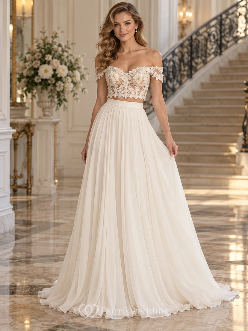 Two Piece Off Shoulder Floral Crop Pleated Chiffon Wedding Dress