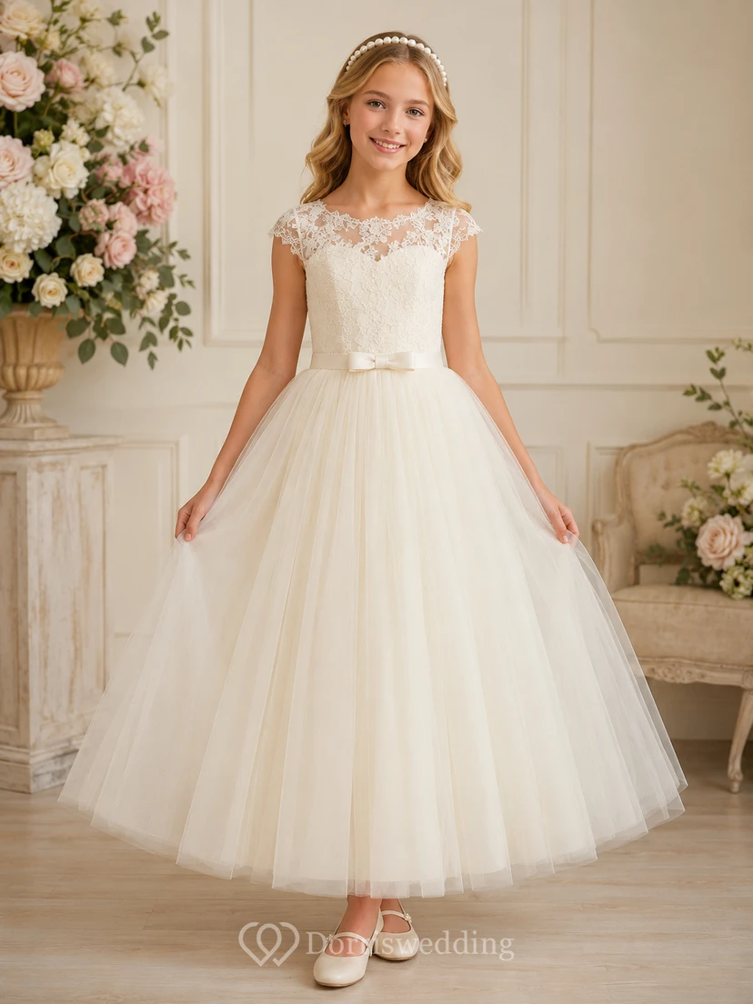 Lace Cap Sleeve Tulle Tea-Length A-Line Classic Formal Flower Girl Dress
