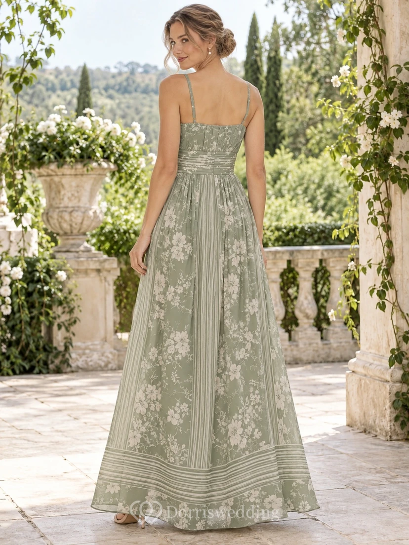 Salbeigrünes, ärmelloses Chiffon-Brautjungfernkleid mit floralem Streifenmuster und eckigem Ausschnitt, bodenlang view 2