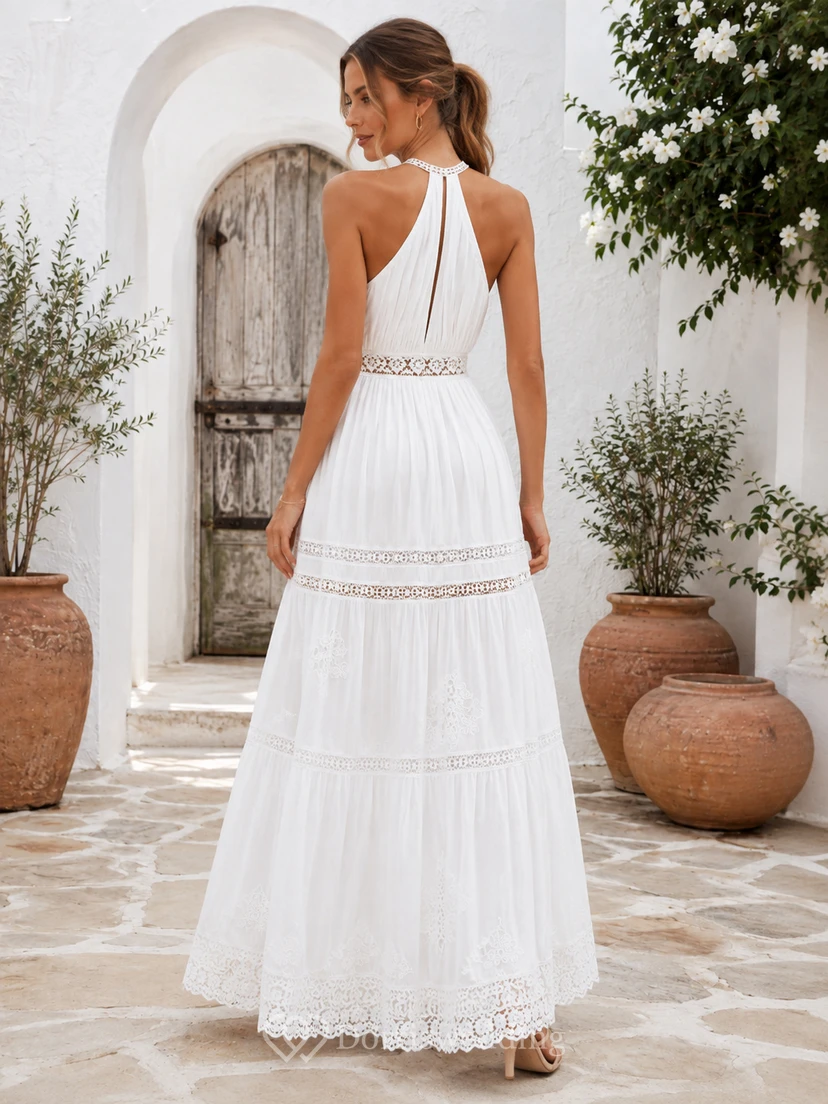 Vestido de playa bohemio romántico de encaje, largo hasta el suelo, con escote halter y sin mangas, corte bohemio, ideal para bodas y escapadas románticas. view 2