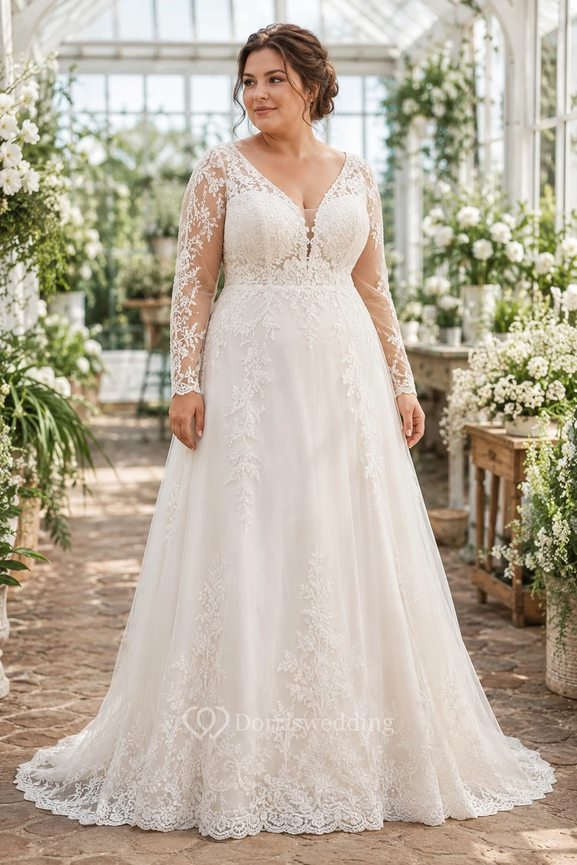 Plus Size Long Sleeve Lace A-Line Wedding Dress with Greenhouse Train