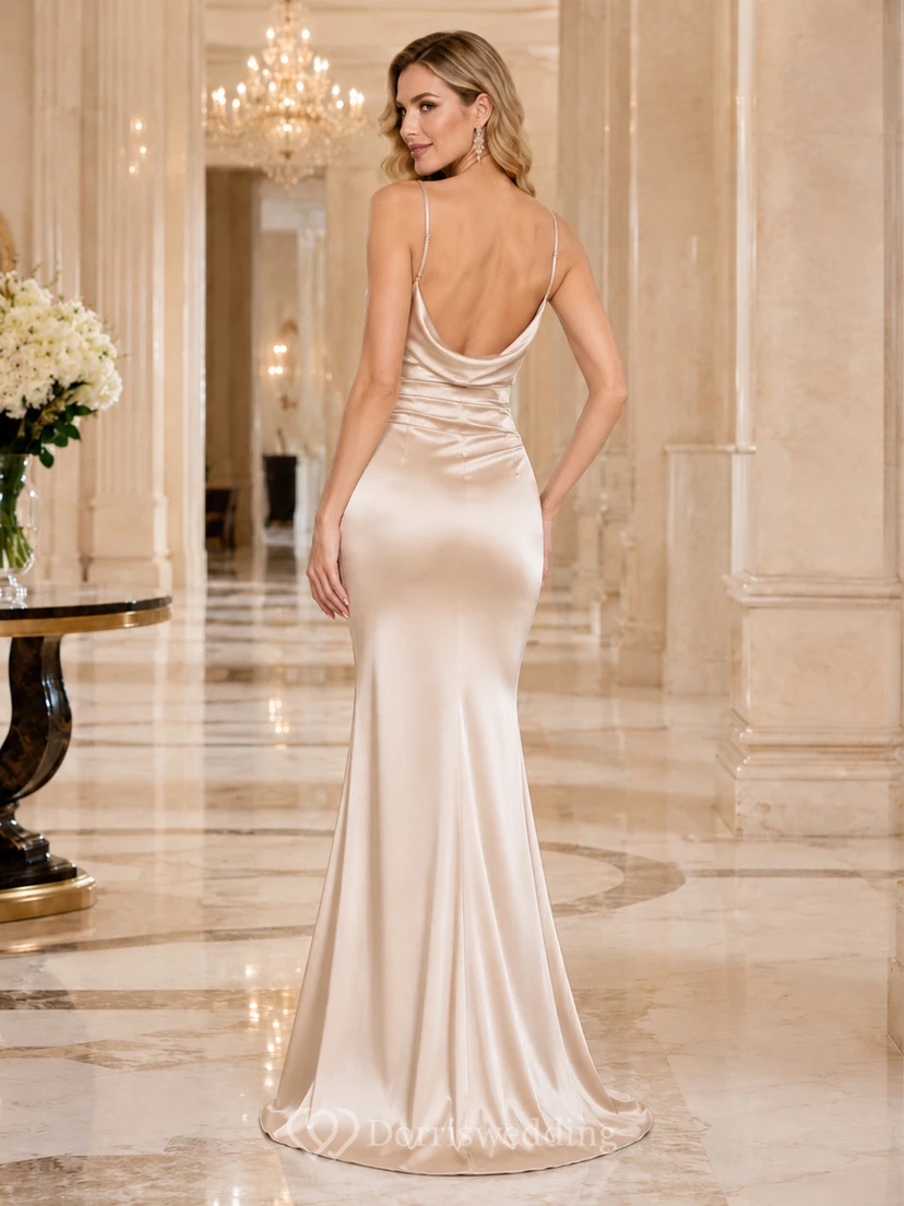 Champagne Cowl Spaghetti Satin Mermaid Sweep Train Evening Gown Reception view 2