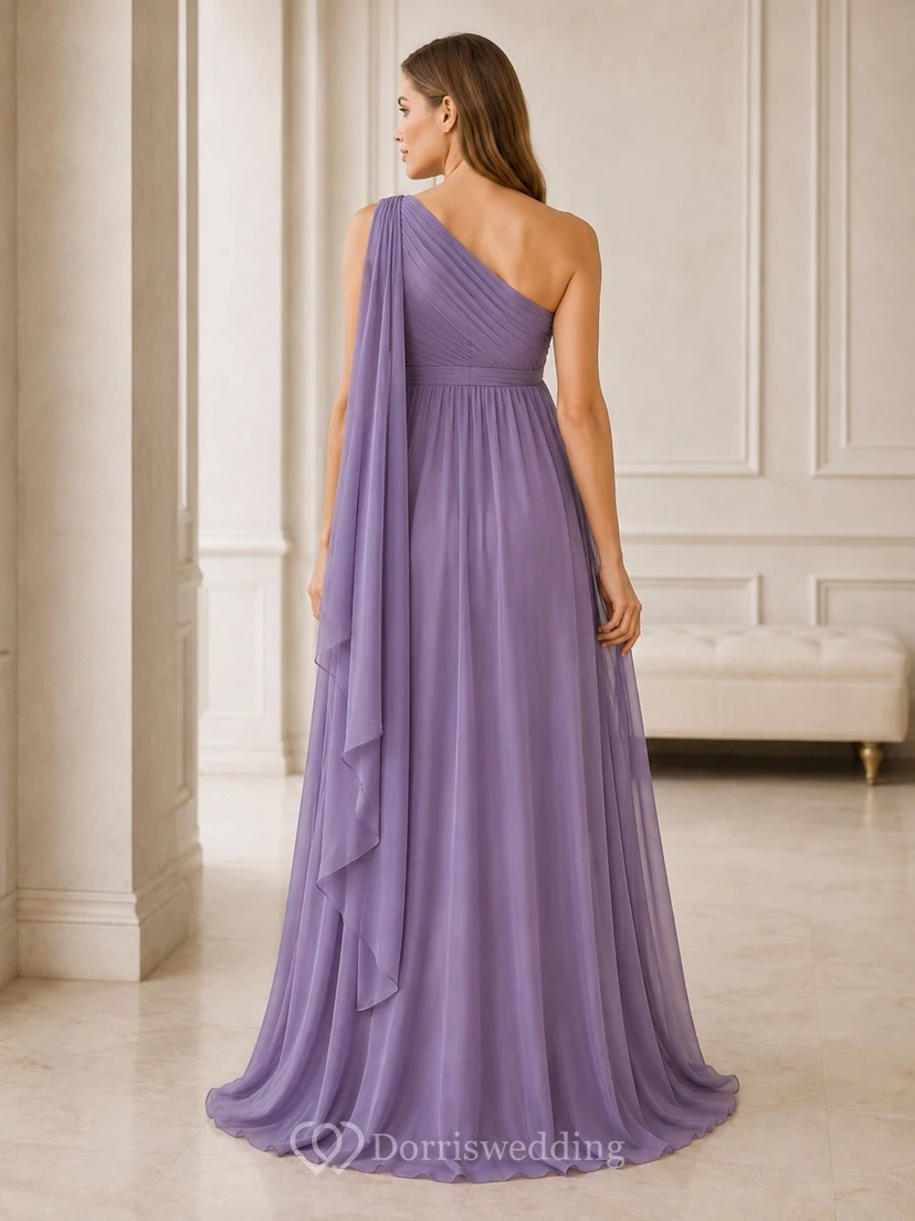 Lavender Chiffon One-shoulder Pleated Sheath Maternity Floor-length Gown view 2