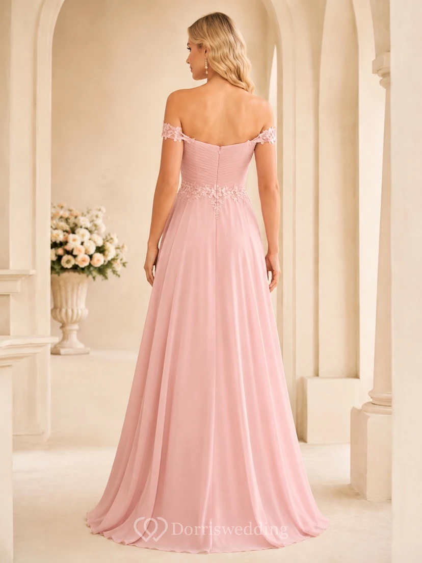 Blush Off Shoulder Puff Sleeve Tulle A-Line Floor Length Bridesmaid Dress view 2