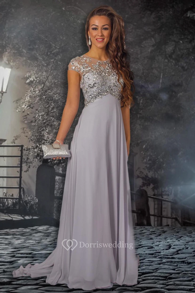 Sheath Scoop-Neck Cap-Sleeve Beaded Floor-Length Chiffon Prom Dress With Pleats