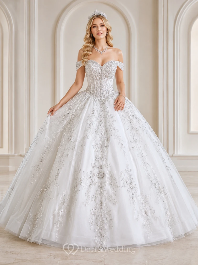 Robe de bal de princesse de luxe blanche et argentée à épaules dénudées, brodée, pour quinceañera.