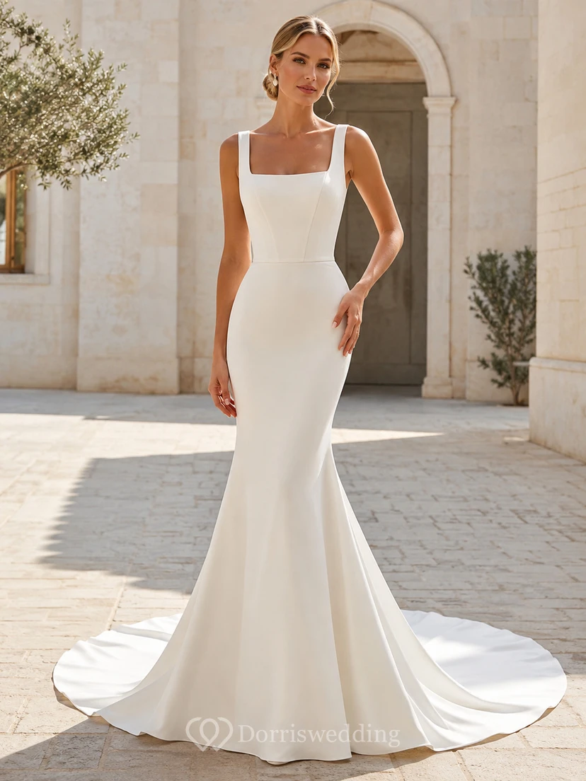Robe de mariée sirène moderne en satin, col carré, sans manches, dos nu, décolleté en U.