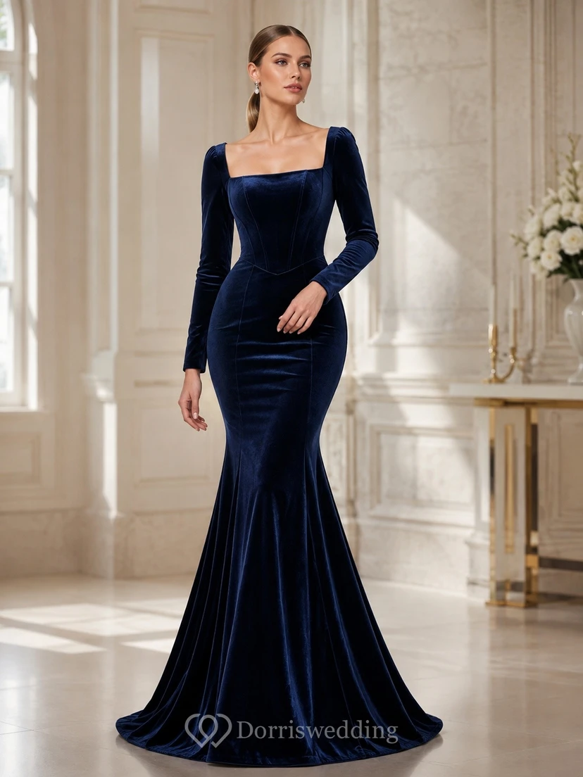Ink Navy Sexy Luxury Square Long-Sleeve Velvet Draped Mermaid Floor-Length Evening Dress view 2