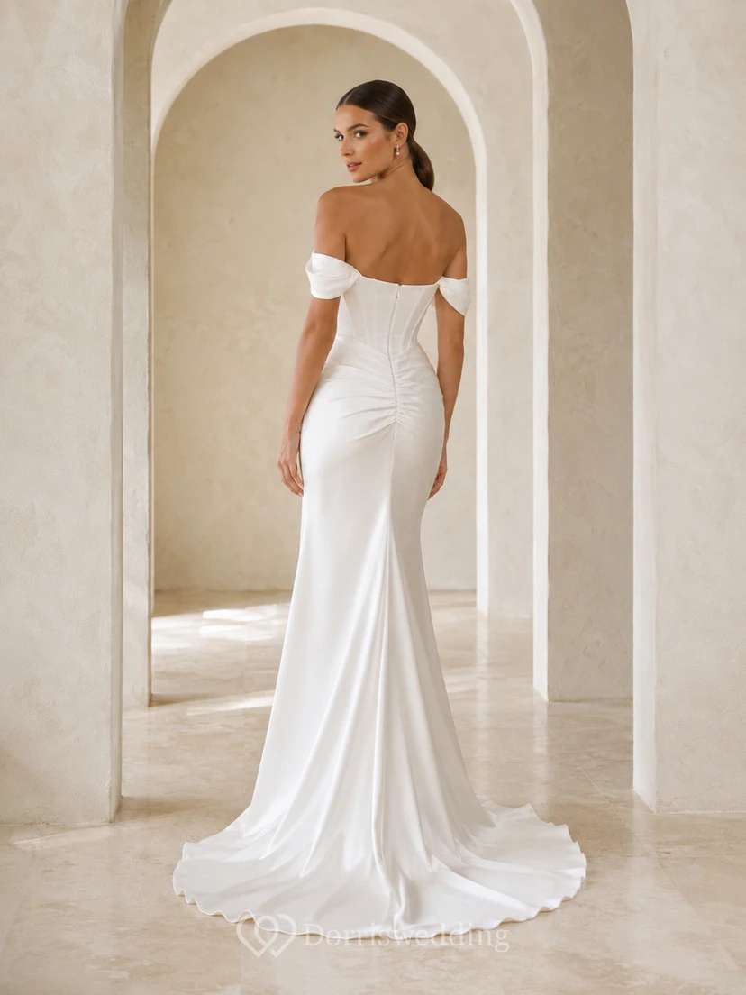 Minimalist Satin Wedding Dress Sheath Off Shoulder Sweep Train with Slit Bridal Gown view 2