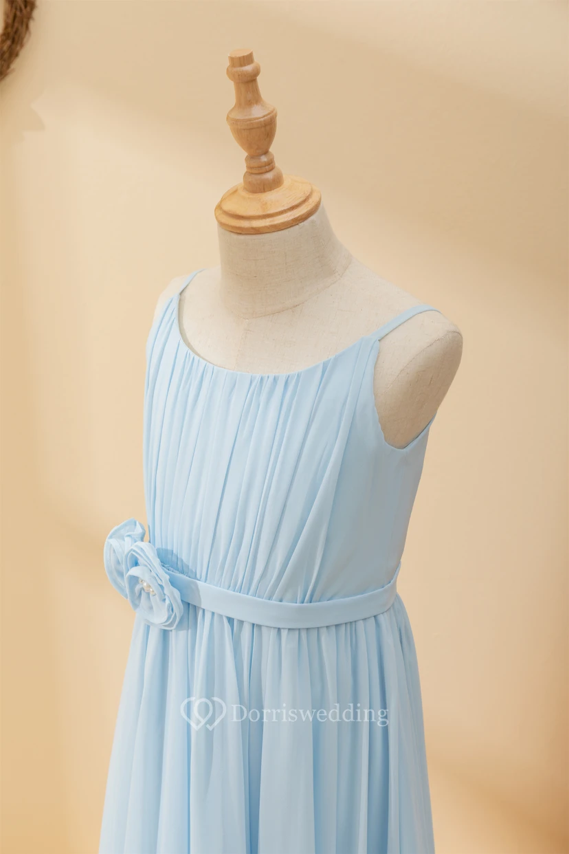 Chiffon Ruffled Short Pleated Sky Blue Flowergirl Dress with Petals view 8