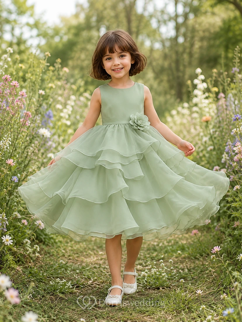 Sage Tiered Organza A-Line Cascading Ruffle Flower Girl Dress, Sleeveless Jewel Neck, Tea-Length Country Garden