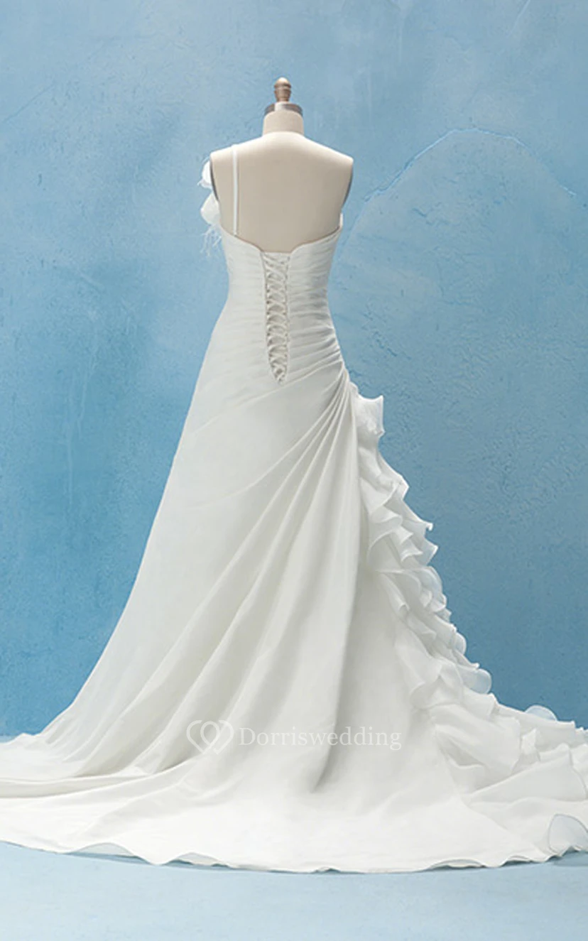 One-Shoulder A-Line Dress With Flower And Ruffles view 2