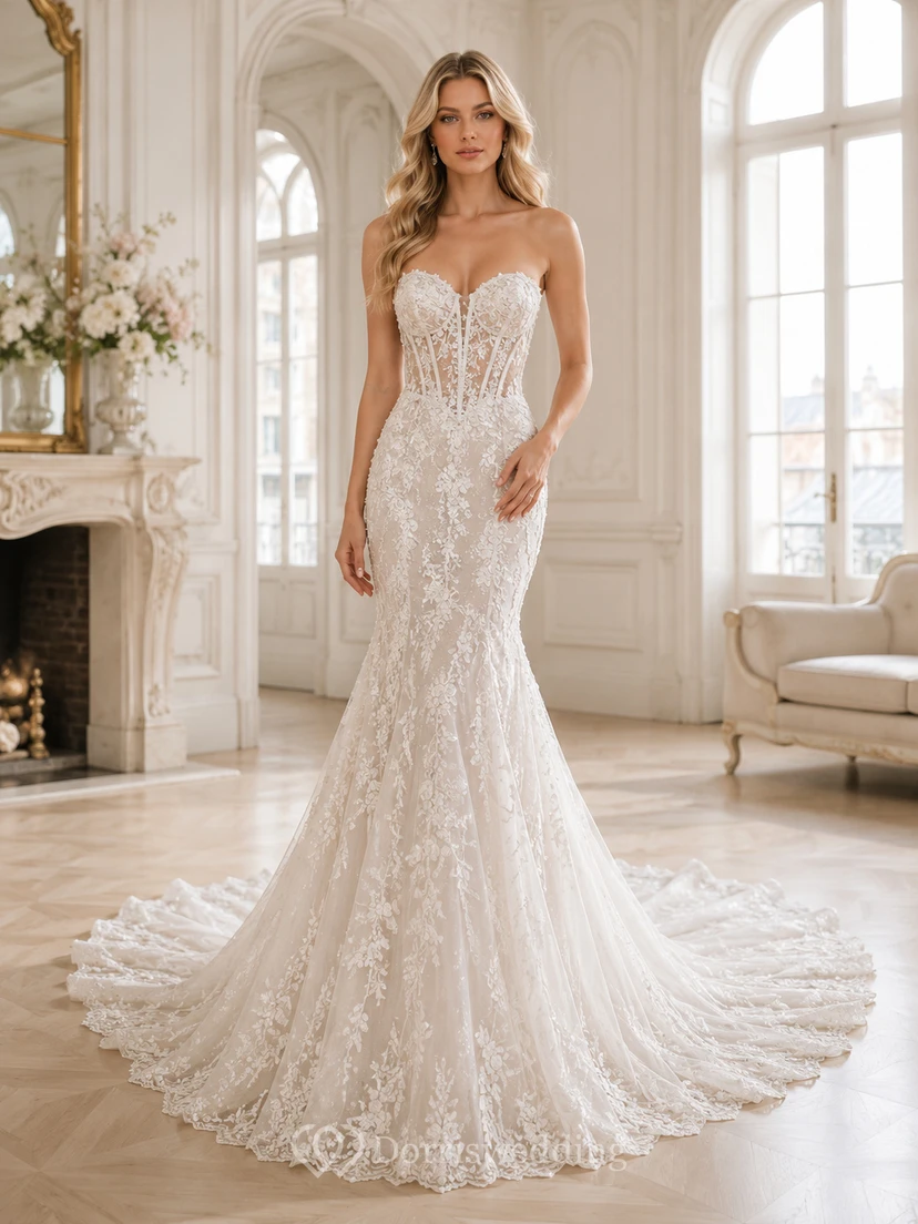 Robe de mariée sirène bustier en dentelle épurée, décolleté cœur, traîne chapelle, ornée d'appliques, style jardin.