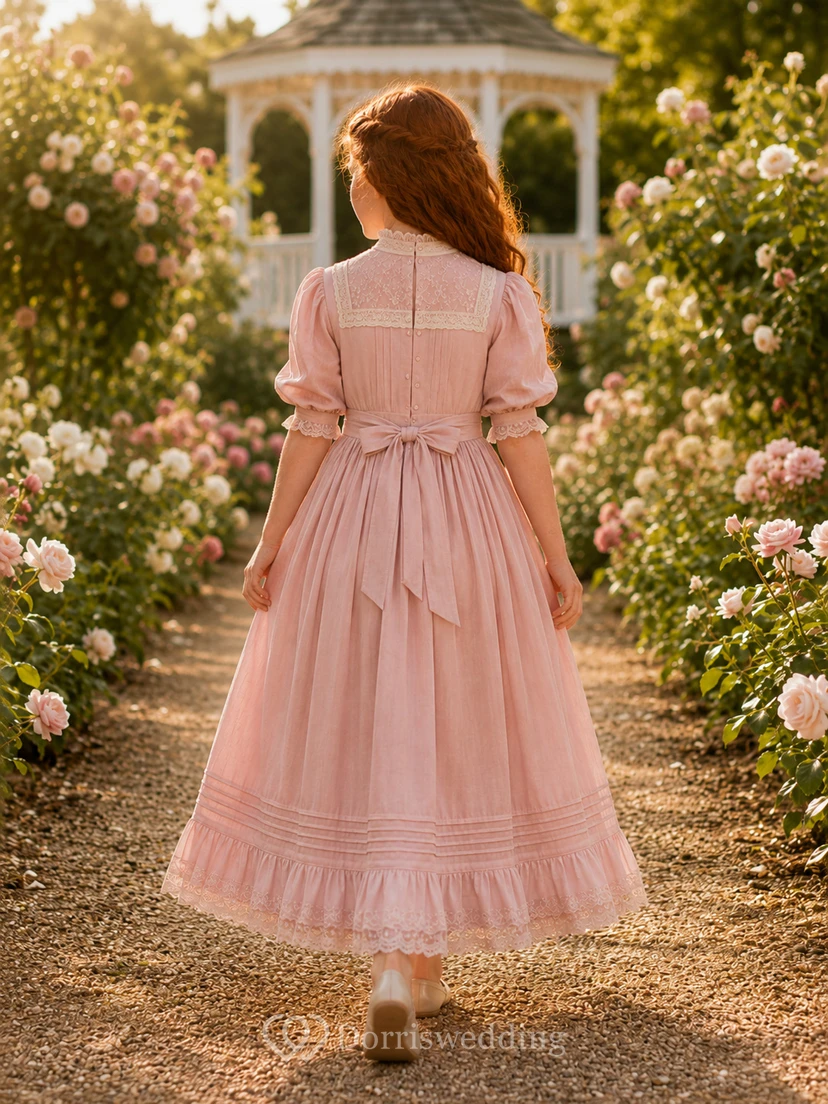 A-Line Edwardian Flower Girl Dress with High Neck, Three-Quarter Sleeves, Lace Skirt, Waist Ribbon, Edwardian Garden Style view 2