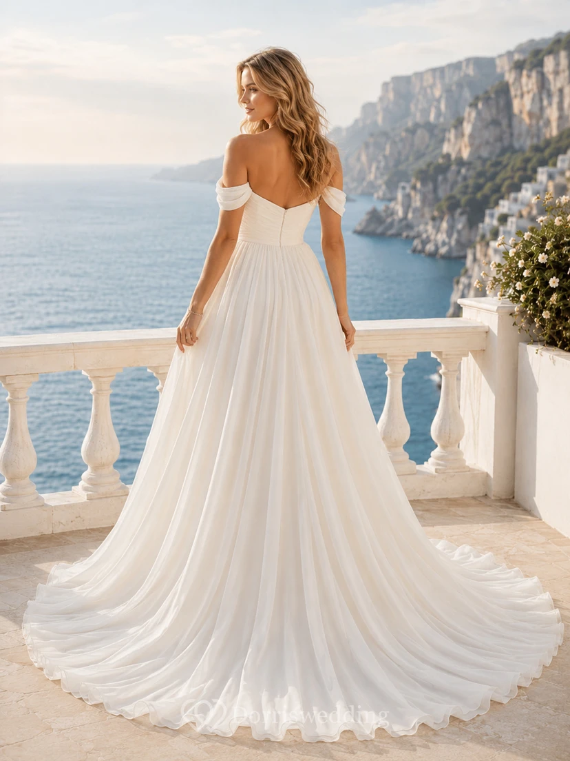 Beach Chiffon Tulle Wedding Dress A-Line Off Shoulder Sweep Train Bridal Gown view 2