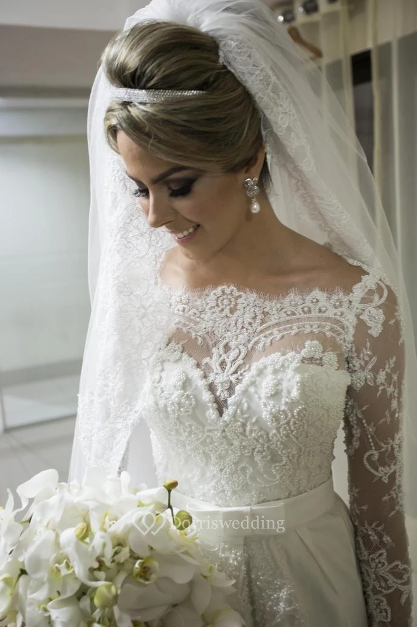 Princess Bridal Lace Wedding Dress Long Sleeves Gorgeous New Arrival Full Beadings Gowns view 3